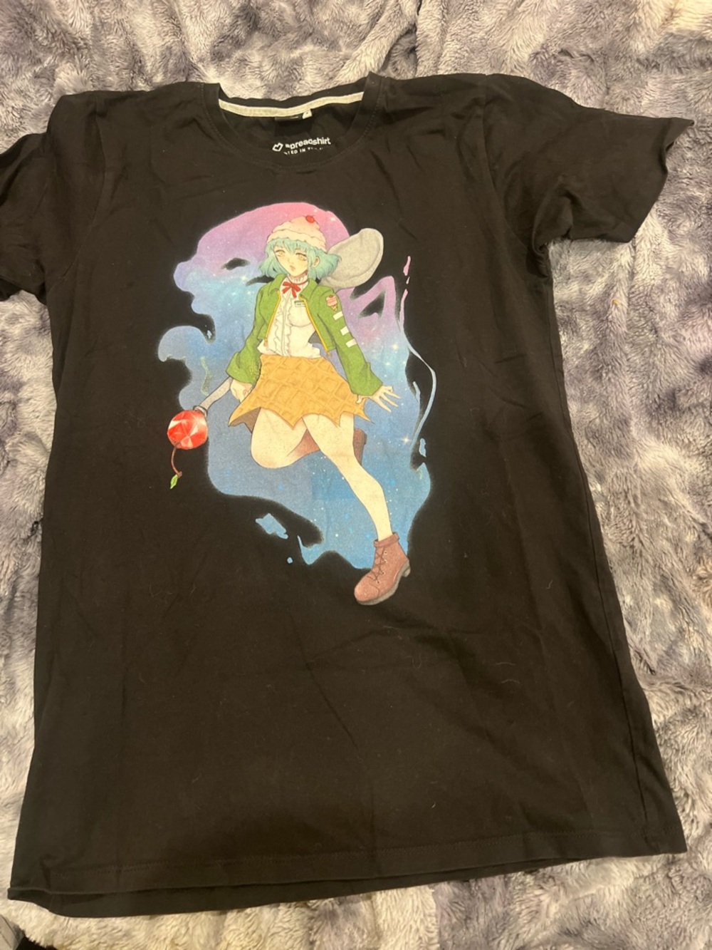 Black Graphic Short Sleeve Tee with Colorful Anime Print